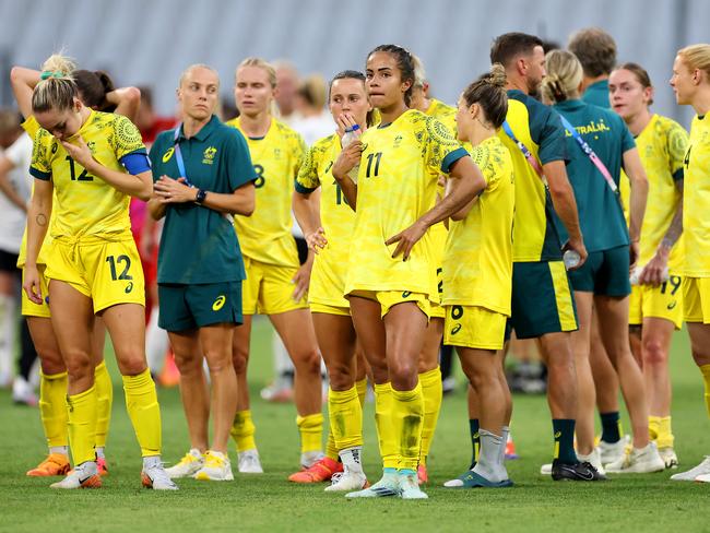MARSEILLE, FRANCE - JULY 25: Players from Team Australia show dejection after the Women's group B match between Germany v Australia during the Olympic Games Paris 2024 at Stade de Marseille on July 25, 2024 in Marseille, France. (Photo by Alex Livesey/Getty Images)