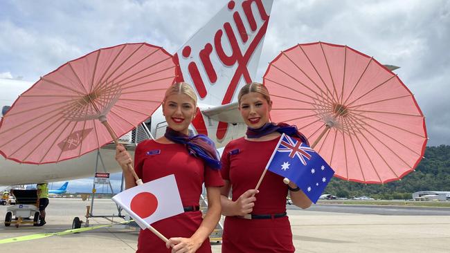 Fiona Ryan and Sienna Vella at Cairns Airport for the announcement of Virgin Australia’s Cairns to Tokyo service. Picture: Supplied