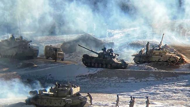 Chinese soldiers and tanks during military disengagement along the Line of Actual Control (LAC) at the India-China border in Ladakh. Picture: AFP