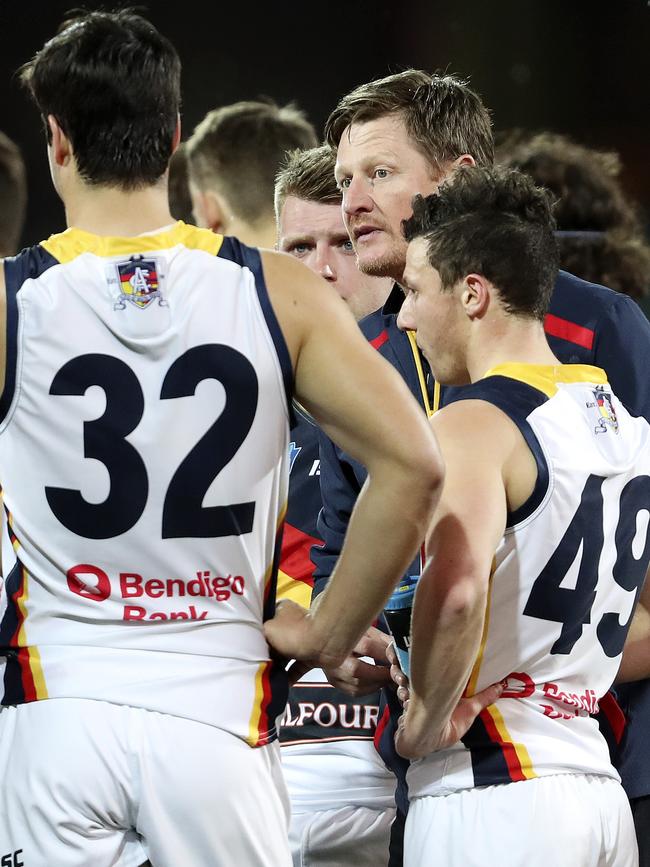 Crows assistant coach Ben Hart is pictured chatting to Darcy Fogarty at three quarter time of the SANFL qualifying final between Port Adelaide and Adelaide. Picture: SARAH REED