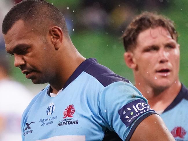 Kurtley Beal (left) and Michael Hooper of the Waratahs react following the Round 3 Super Rugby match between the Melbourne Rebels and NSW Waratahs at AAMI Park in Melbourne, Friday, February 14, 2020. (AAP Image/Scott Barbour) NO ARCHIVING, EDITORIAL USE ONLY