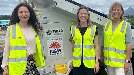 Tweed Mayor Chris Cherry, NSW Government North Coast spokesperson Emily Suvaal MLC and Richmond MP Justine Elliot with one of the CCTV cameras. Picture: Supplied