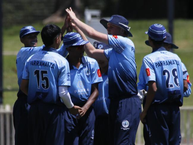 Parramatta cricketers celebrate in the under-16s Green Shield competition. Photo by Warren Gannon Photography.