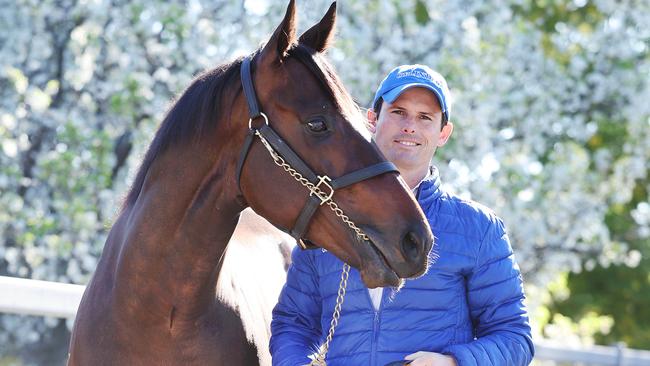 James Cummings with Broadsiding at Godolphin’s Osborne Park training site. Picture Rohan Kelly