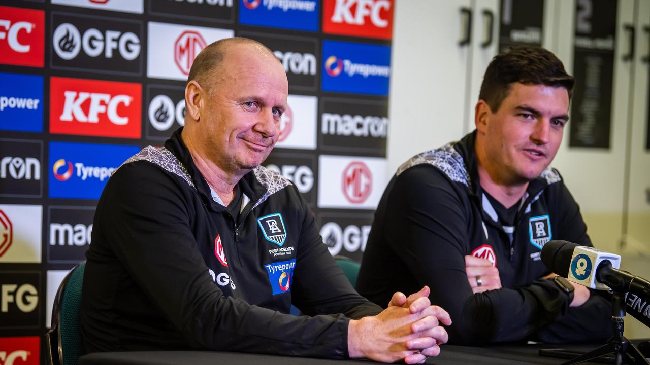 Rockliff alongside former coach Ken Hinkley at his retirement press conference on August 10, 2021. Photo: Tom Huntley