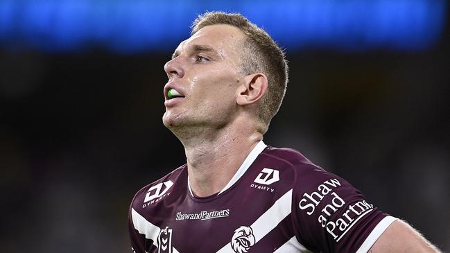 TOWNSVILLE, AUSTRALIA - JULY 06: Tom Trbojevic of the Sea Eagles loduring the round 18 NRL match between North Queensland Cowboys and Manly Sea Eagles at Qld Country Bank Stadium, on July 06, 2024, in Townsville, Australia. (Photo by Ian Hitchcock/Getty Images)