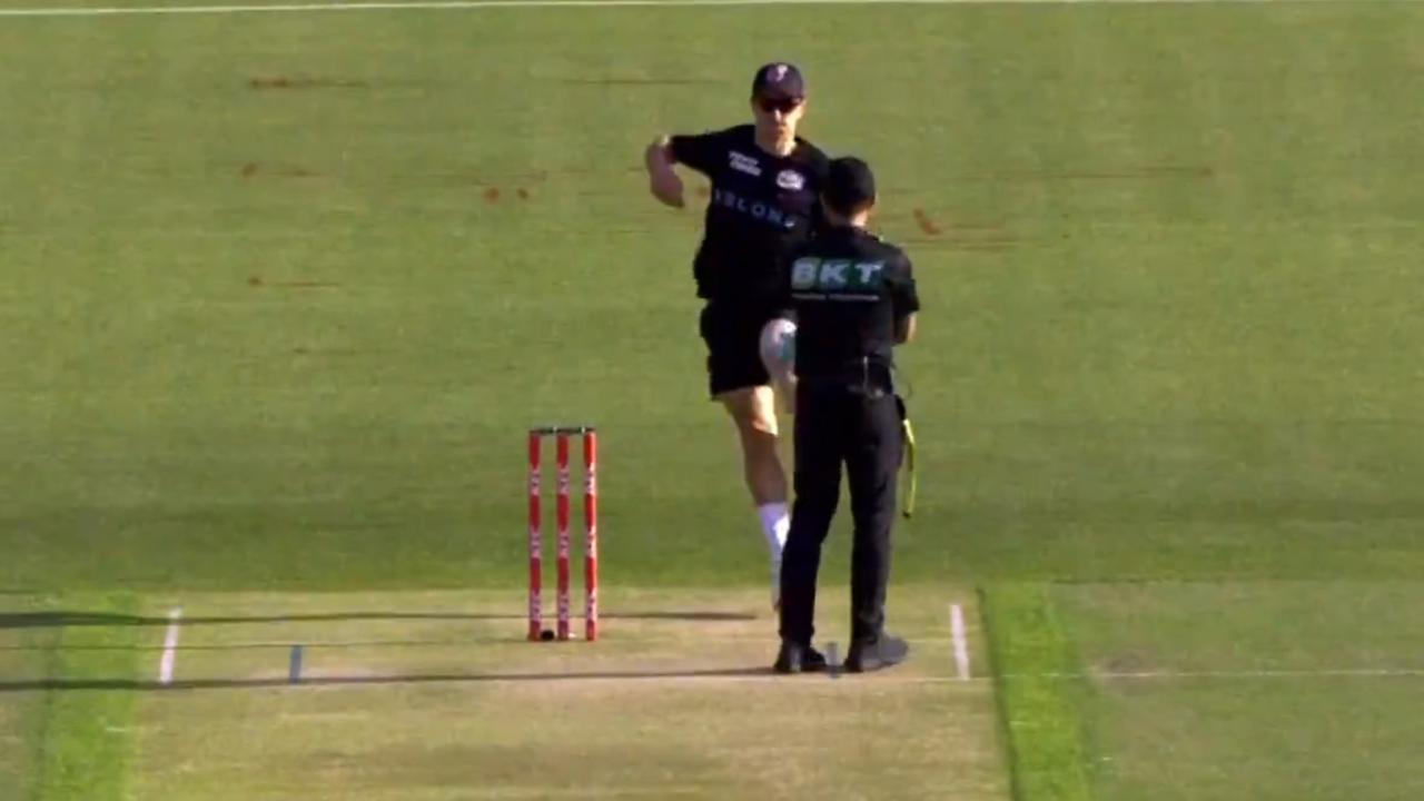 Sydney Sixers star Tom Curran and the umpire from the incident in question. Picture: Channel 7