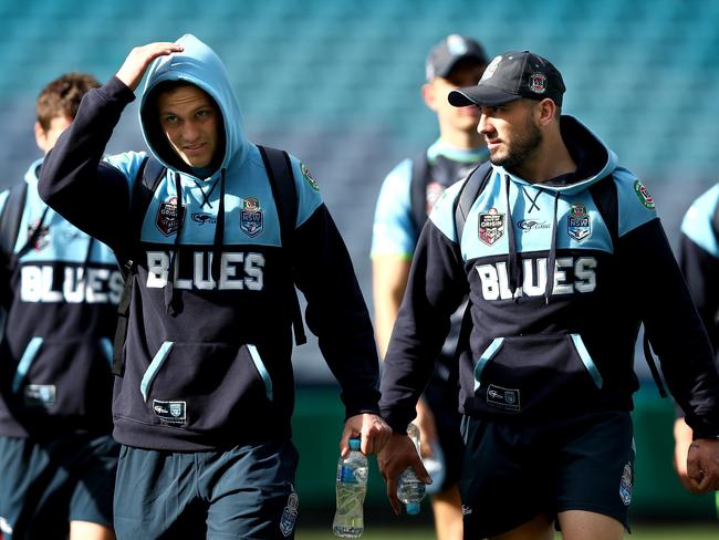 Matt Moylan and Jack Bird arrive for the NSW Blues Origin training.