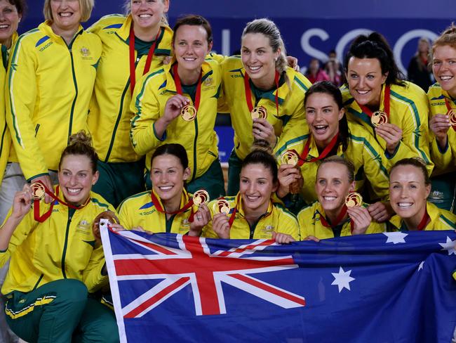 Australia celebrate their triumph in Glasgow. Picture: Adam Head