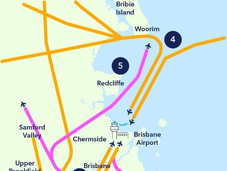 Arrivals (orange) and departures (pink) of five proposed new routes. Image: Airservices Australia