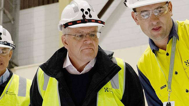 Australian Prime Minister Scott Morrison with  Tasmanian Minister Guy Barnett,  Liberal candidate for Lyons Susie Bower, and  Federal Minister Angus Taylor during their visit to Devil's Gate Hydroelectric Power Station in Tasmania. April, 03, 2022.  Picture: Supplied by PMO via NCA NewsWire