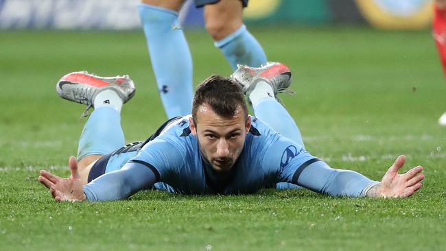 Sydney FC striker Adam Le Fondre pleads for a penalty after going to ground in the A-League Grand Final. Picture: Brett Costello