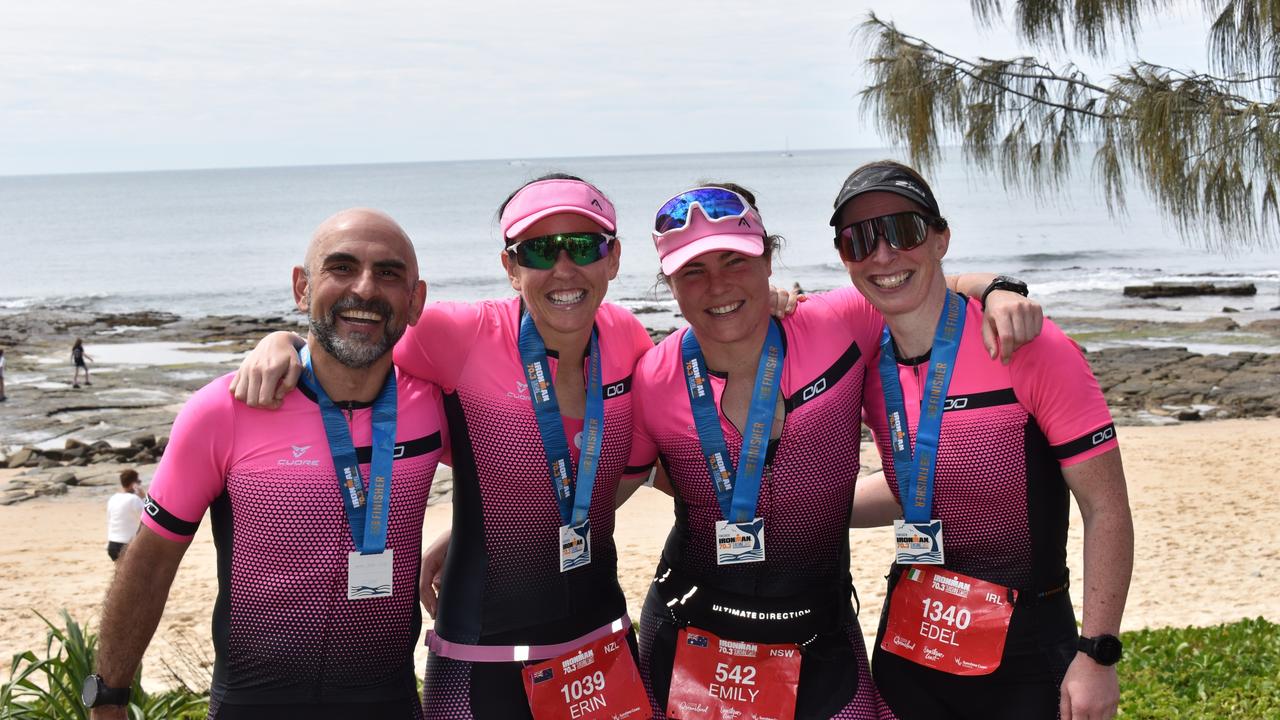 Hany Yacoub, Erin Jones, Edel Power and Emily Moore at the Sunshine Coast Ironman 70.3 at Mooloolaba 2022.