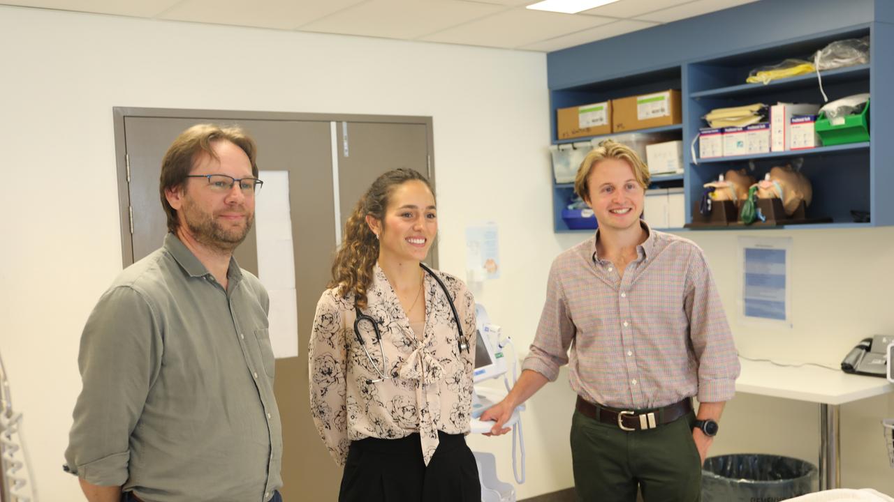 59 interns started their first day as Doctors at Cairns Hospital last week. The young interns will get experience across Cairns Hospital and Health Service over the next year as the progress through different rotations. Dr Gus Spaleck, Dr Annabel Brennan and Dr Trent Yarwood. Photo Tim Little.