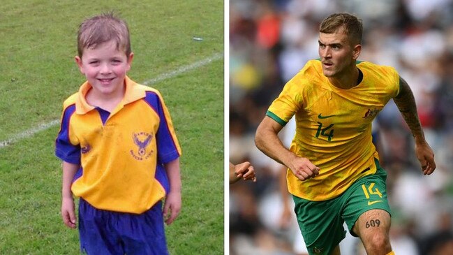 Riley McGree playing for Gawler Eagles and the Socceroos.