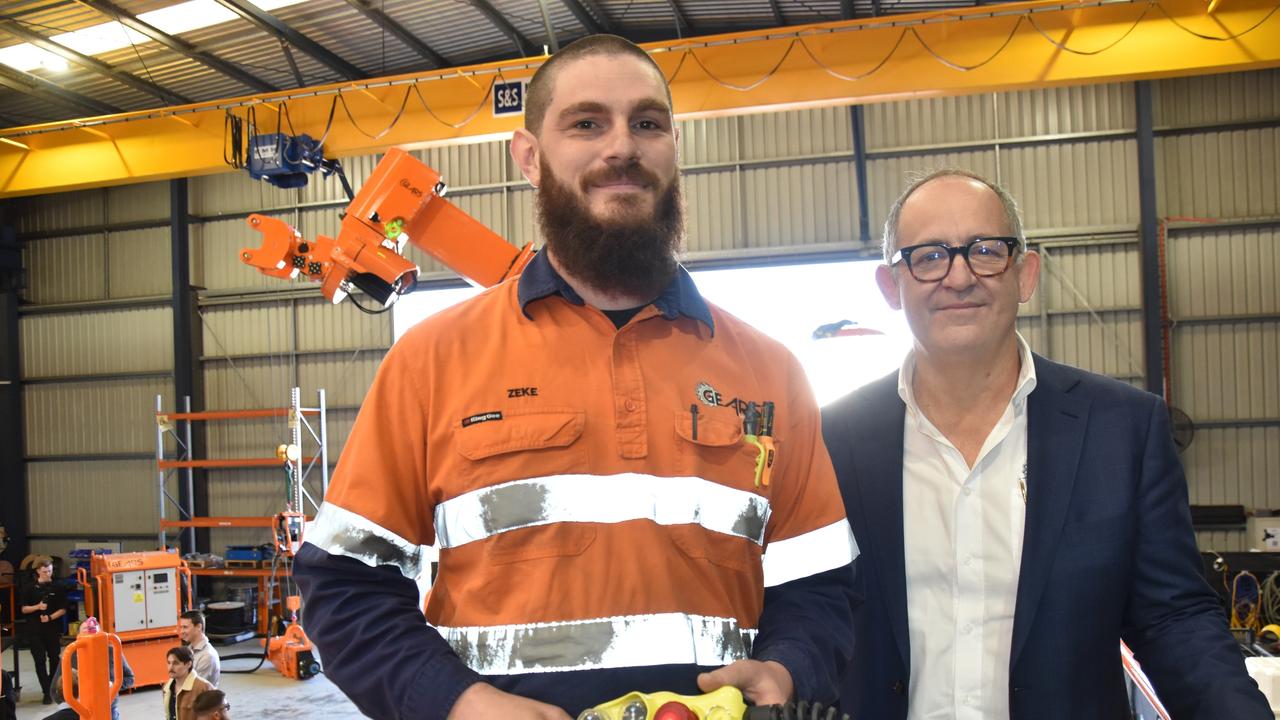 Celebrating the launch of the worldâ&#128;&#153;s largest mill relining machine by Gears Mining, which will be shipped over to Zambia for First Quantum Minerals, are Gears Mining electrician Zeke Turrell and business development manager Brett Morgan.