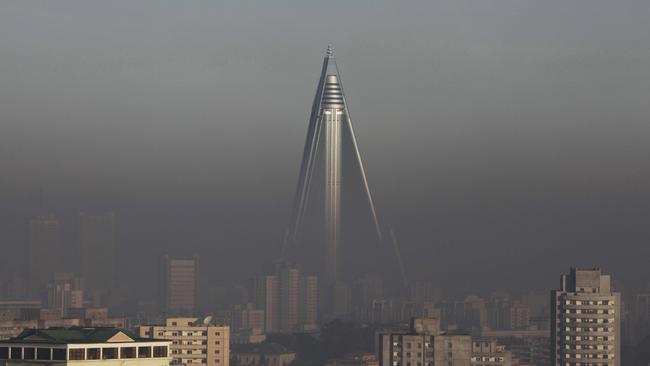 The Ryugyong Hotel stands above others in Pyongyang, North Korea.