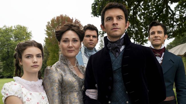 The Bridgerton cast (from left) Florence Emilia Hunt as Hyacinth Bridgerton, Ruth Gemmell as Lady Violet Bridgerton, Luke Newton as Colin Bridgerton, Jonathan Bailey as Anthony Bridgerton, Luke Thompson as Benedict Bridgerton. Picture: Netflix