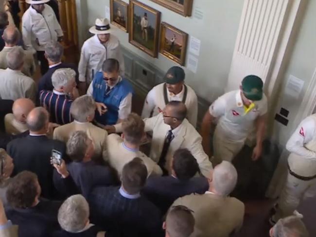 Australian players are heckled as they walk past MCC members at Lords after the dismissal of English batsman Jonny Bairstow. Picture: Nine Wide World of Sports