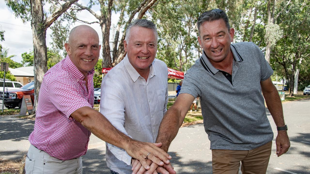 Labor candidate for Mulgrave Ritchie Bates, Labor member for Cairns and Queensland State Tourism Minister Michael Healy and Labor member for Barron River Craig Crawford at the Barron River booth in Cairns Queensland. Picture: Brian Cassey