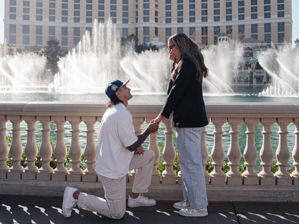 Canberra Raiders winger Xavier Savage proposed to his partner, Taliah Simbolon, in front of the Bellagio Hotel. Picture: Sam Gibson