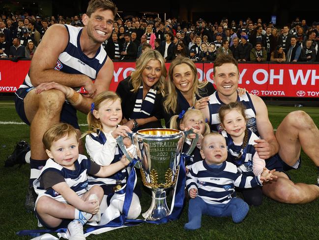 The Hawkins and Duncan families celebrate after the Grand Final. Picture: Getty