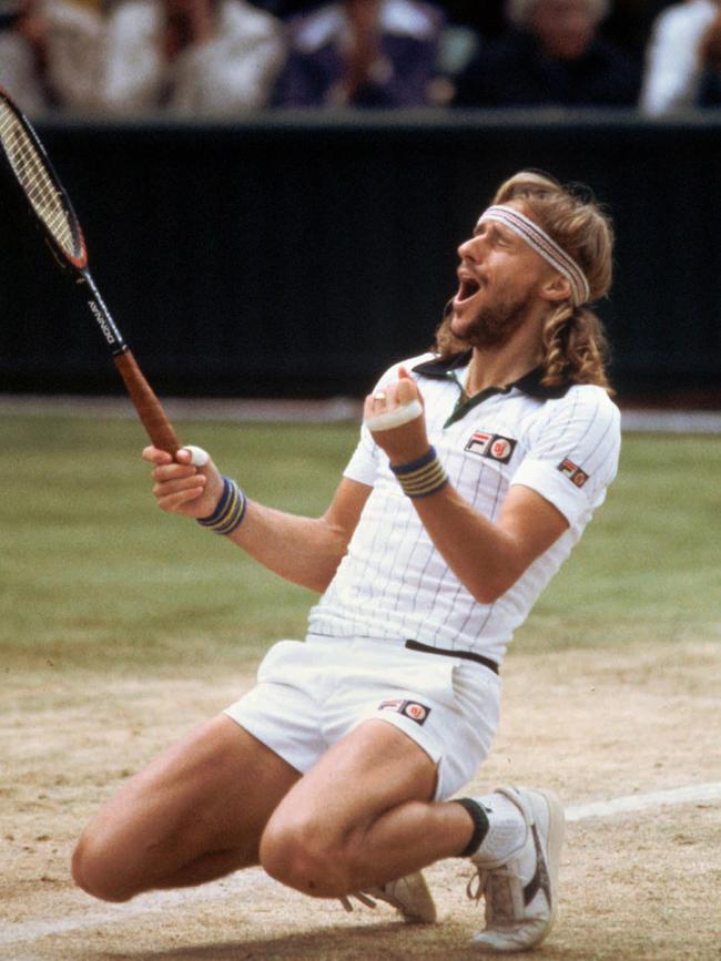 Bjorn Borg celebrates after beating John McEnroe in the 1980 Wimbledon final.