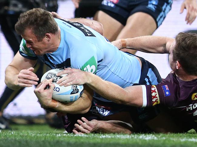 Veteran centre Josh Morris crashes over to score NSW’s first try on Wednesday night. Picture: Getty Images