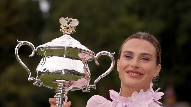 Aryna Sabalenka poses with the Daphne Akhurst Memorial Cup after winning the 2023 Australian Open. Picture: Getty Images.