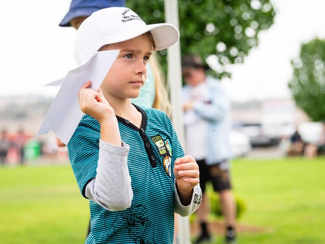 Tyson Black flying a paper plane at Wellcamp Airport 10th anniversary community day, Sunday, November 10, 2024. Picture: Kevin Farmer