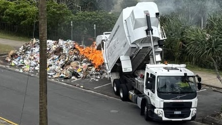 A Gold Coast City Council rubbish truck tipping a burning load of refuse onto Pacific Pde, Bilinga. Picture: Facebook