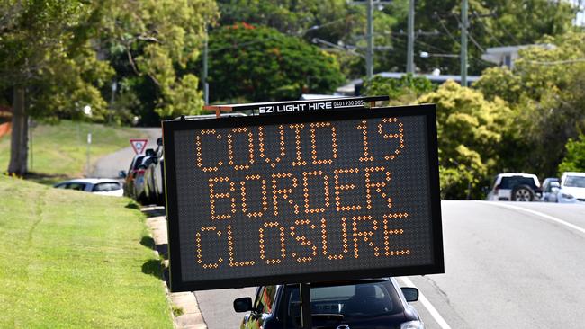 An electronic sign displaying a message regarding the New South Wales – Queensland border closure in Coolangatta on the Gold Coast. Picture: NCA NewsWire / Dan Peled