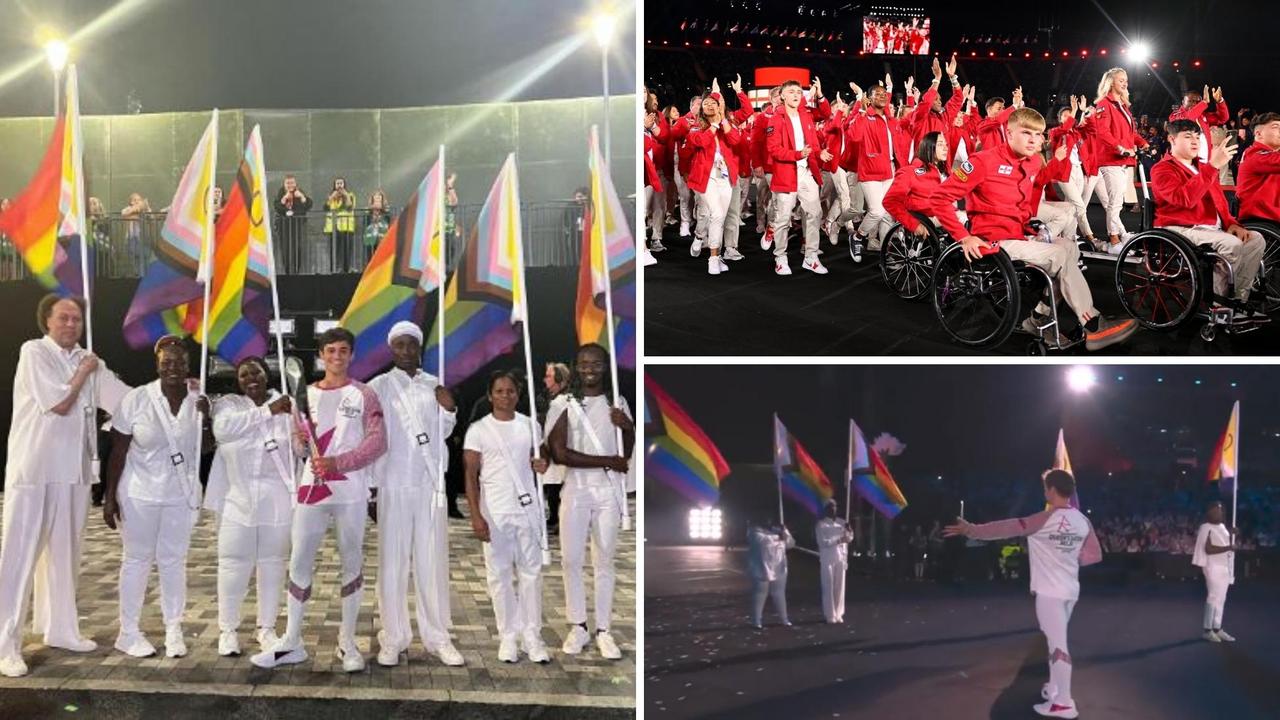 Tom Daley with pride flags at the Commonwealth Games opening ceremony. Top right: The English team enters the stadium in Birmingham.