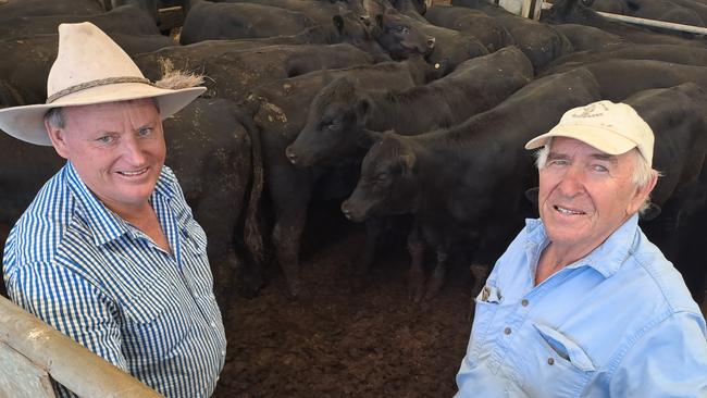 Agent Darren Askew, Mokoan Livestock, with client Anthony Bailey, Bialla at Tatong, who received the top price of $1530 for Angus heifers at Wangaratta today.