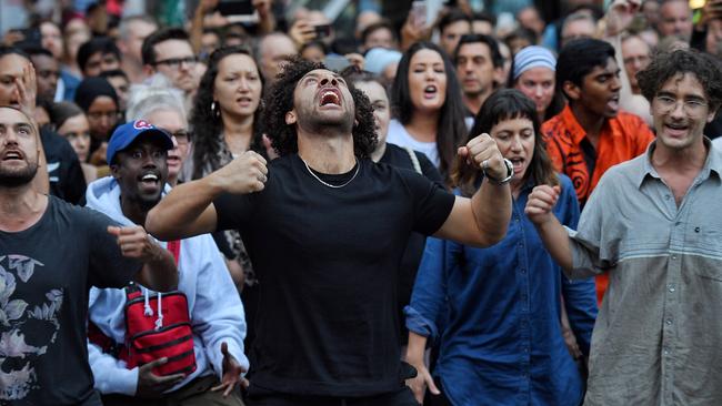 A mourner joins thousands in an emotional Kiwi haka at a vigil for victims of the Christchurch massacre in front of Melbourne’s State Library. Picture: Jason Edwards. Picture: Jason Edwards