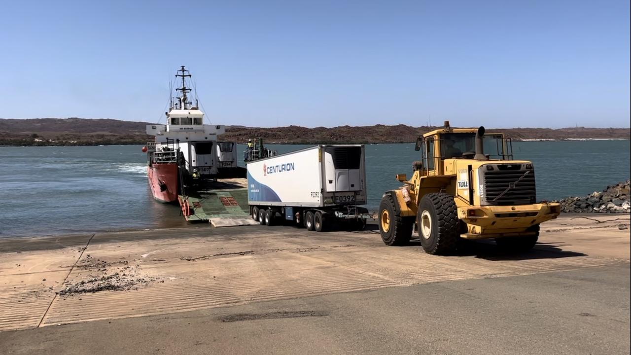 Nearly 110,000kg of food and essential supplies being loaded onto a barge headed for Broome. Picture: DFES