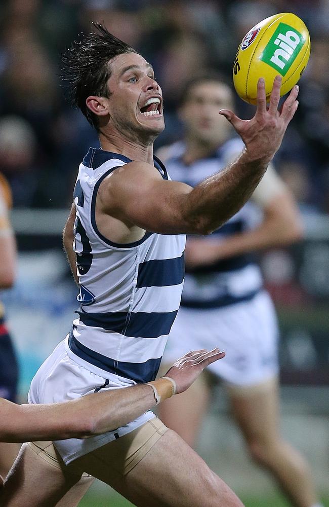 Tom Hawkins booted four goals against the Crows. Picture: Wayne Ludbey