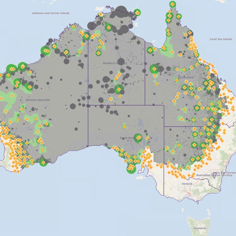 Access to medical care in regional and rural Australia is approaching crisis levels, as this RFDS map shows (greyed out areas are more than 60 minutes drive to care). Picture: Supplied