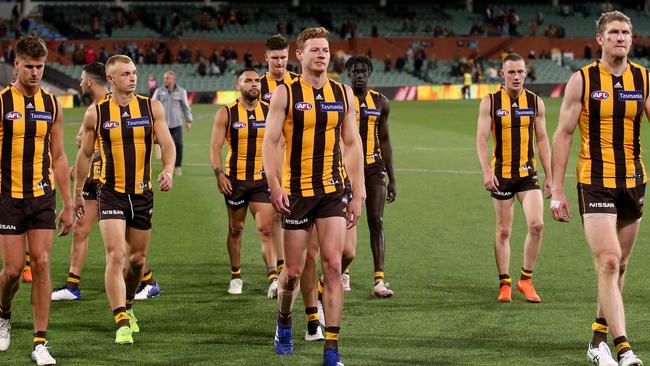 ADELAIDE, AUSTRALIA – SEPTEMBER 01: The Hawks after their loss during the 2020 AFL Round 15 match between the Hawthorn Hawks and the Adelaide Crows at Adelaide Oval on September 1, 2020 in Adelaide, Australia. (Photo by James Elsby/AFL Photos via Getty Images)