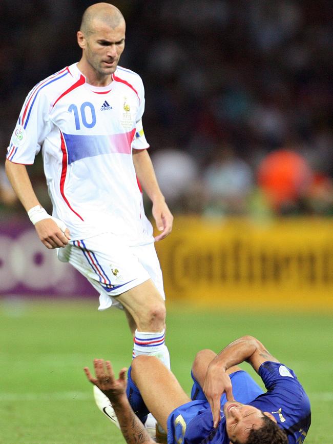 Zinedine Zidane (left) with Marco Materazzi on the ground. Photo: AFP