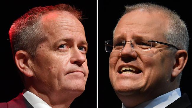 Opposition Leader Bill Shorten campaigning in Melbourne at the weekend and Prime Minister Scott Morrison at a rally in Sydney. Picture: Darren England/Mick Tsikas/AAP