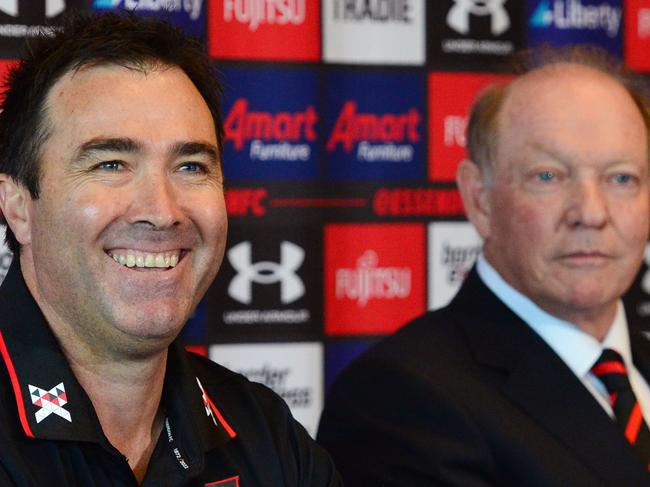 MELBOURNE, AUSTRALIA - NewsWire Photos SEPTEMBER 30TH, 2022: Newly-appointed senior coach Brad Scott, with Essendon President David Barham,  speaking to the media at the NEC Hangar. Picture: NCA NewsWire / Nicki Connolly