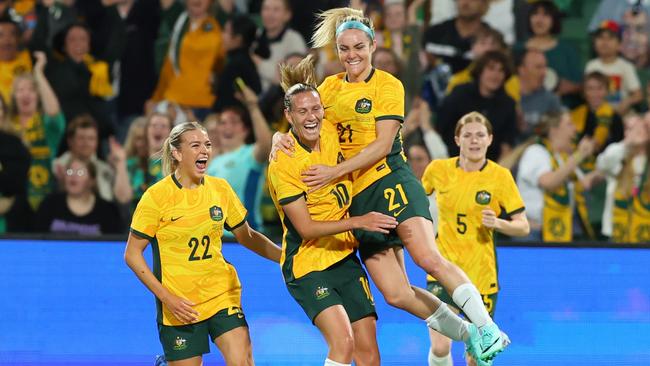 PERTH, AUSTRALIA - OCTOBER 26: Ellie Carpenter of the Matildas celebrates her goal during the AFC Women's Asian Olympic Qualifier match between Australia Matildas and IR Iran at HBF Park on October 26, 2023 in Perth, Australia. (Photo by James Worsfold/Getty Images)