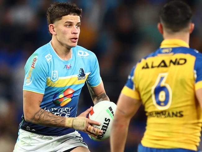 GOLD COAST, AUSTRALIA - JULY 13: Jayden Campbell of the Titans in actionduring the round 19 NRL match between Gold Coast Titans and Parramatta Eels at Cbus Super Stadium, on July 13, 2024, in Gold Coast, Australia. (Photo by Chris Hyde/Getty Images)