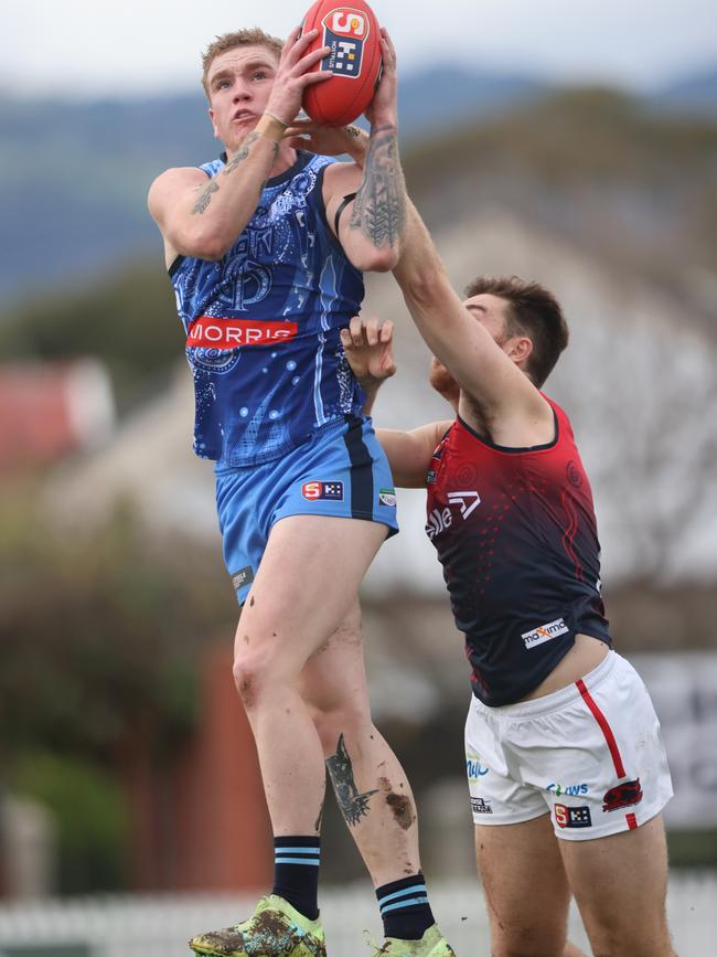 Sturt’s James Richards takes a strong mark against Norwood at Unley Oval on Sunday. Picture: Cory Sutton/SANFL.