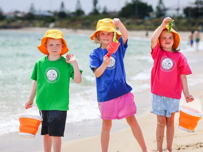 Rory, Margot and Harper attend Hampton Community Kindergarten beach kinder. Picture: Brendan Beckett