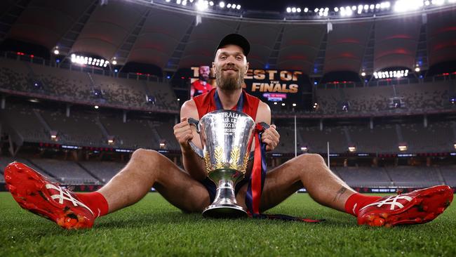 Max Gawn had a special delivery for McLachlan. Picture: Michael Klein