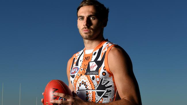 GWS Giants player Jeremy Finlayson poses for a photograph in the club's indigenous jumper, ahead of Indigenous Round, in Sydney, Tuesday, May 28, 2019. (AAP Image/Dan Himbrechts) NO ARCHIVING, EDITORIAL USE ONLY