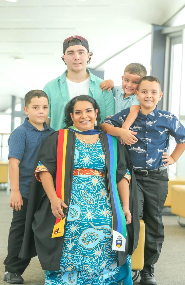 Karlie James, with her sons Jacob, Jayden, Aaron and Leon, is among Twenty-four students are graduating with a Doctor of Medicine from Flinders University. Picture: Glenn Campbell