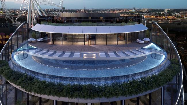 The Docklands luxury hotel and apartment development will feature a public-access rooftop pool with an infinity-edge, bar and restaurant on its 15th floor.